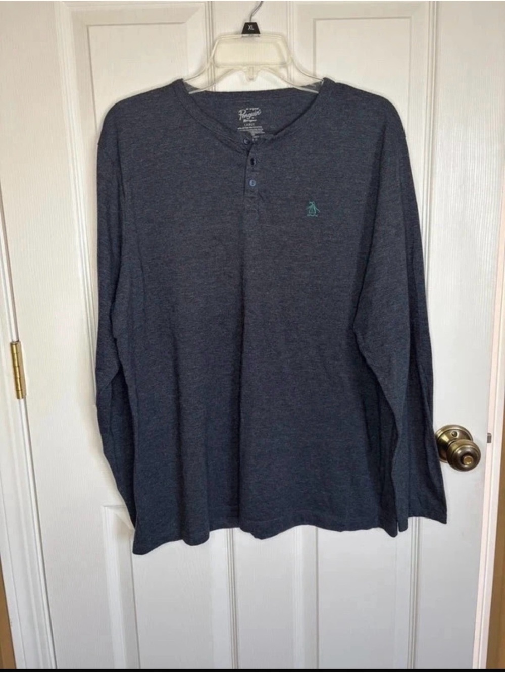 Original Penguin Charcoal Long Sleeve Henley with Teal Logo